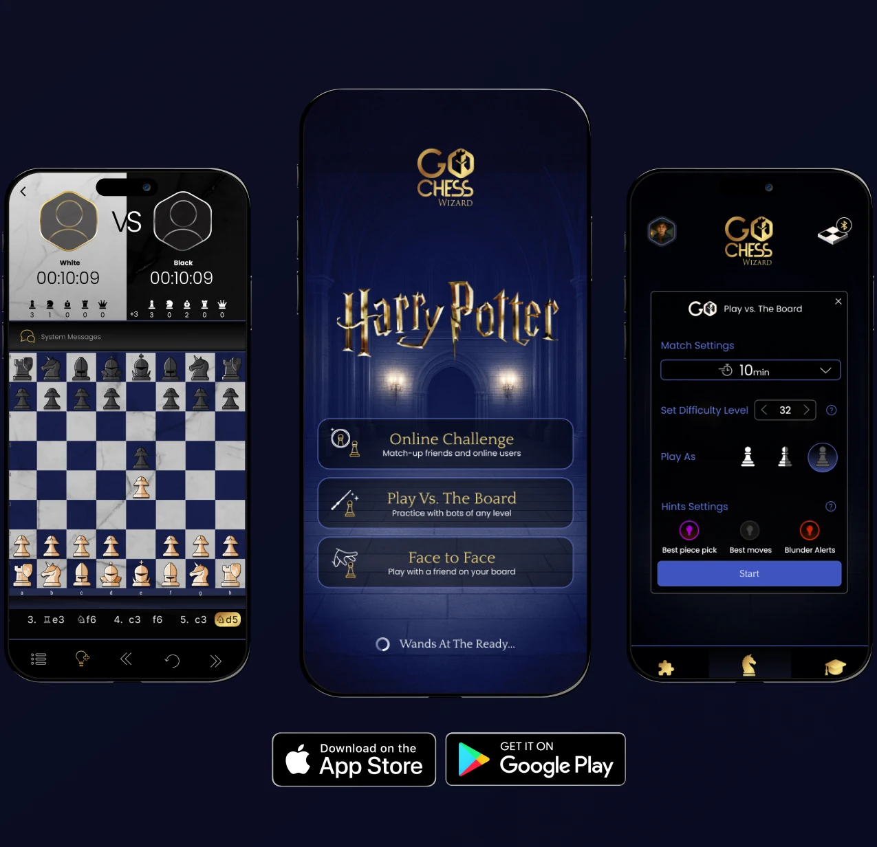 Three phones showing the match view, the Harry Potter edition menu and the difficulty settings, above the App Store and Google Play badges
