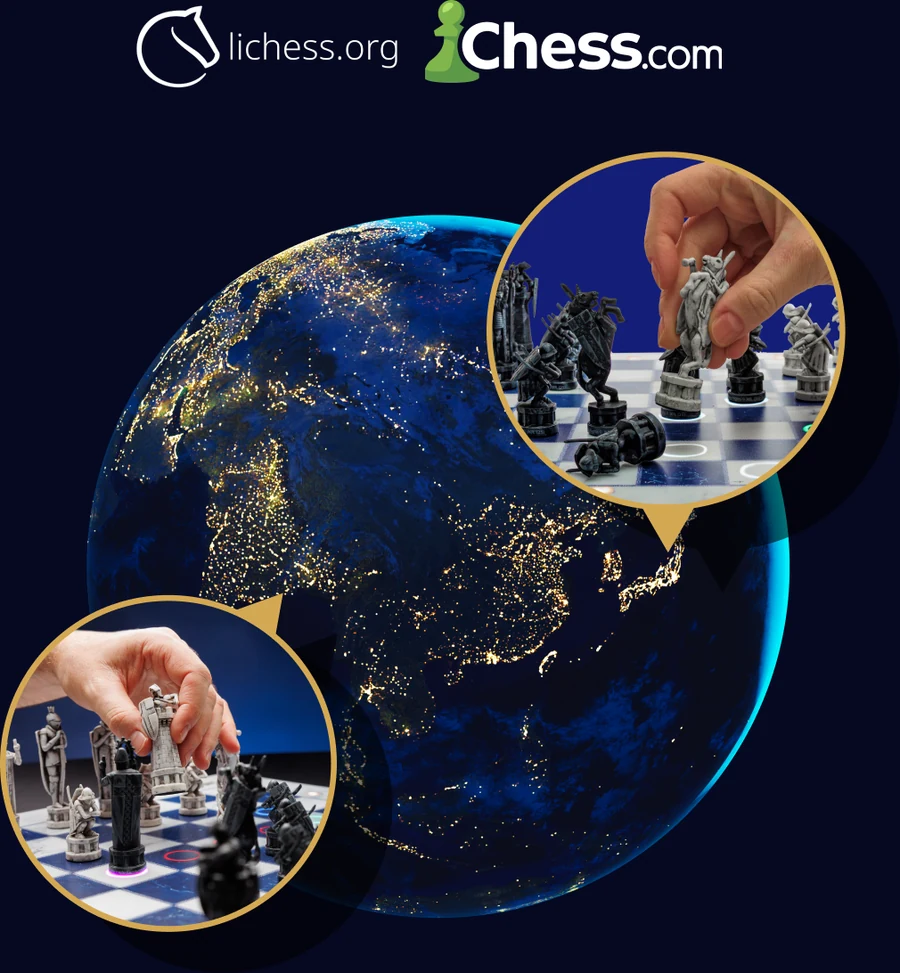 A night-side globe with two insets of hands moving pieces on the GoChess board, under the lichess.org and Chess.com logos