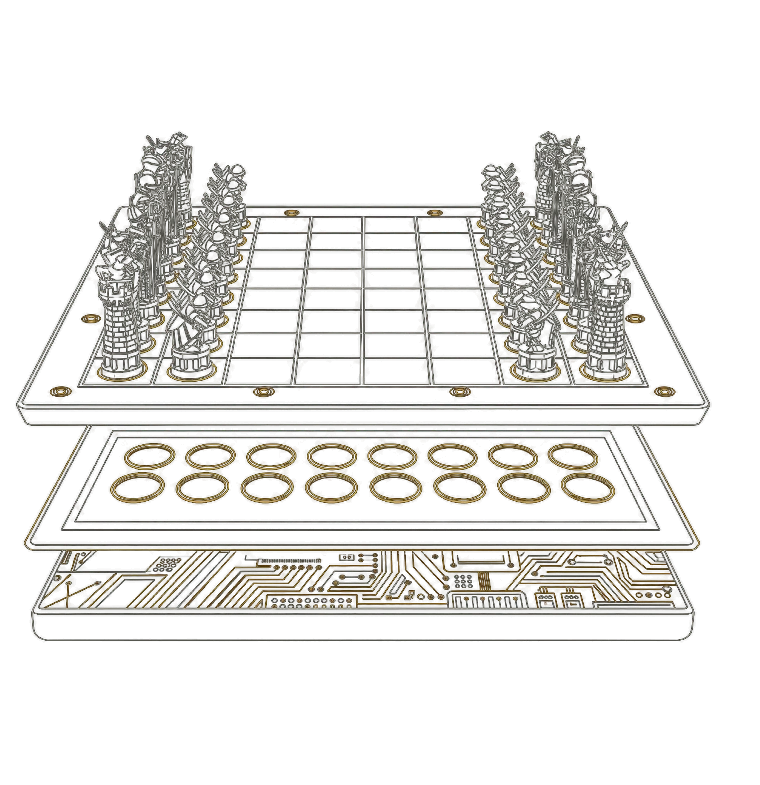 Exploded line drawing of the board: the playing surface with the pieces, the magnet layer beneath it and the circuit board below that